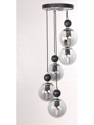 PremiumPort Şık 5'li Siyah Krom Füme Camlı Sarkıt Avize