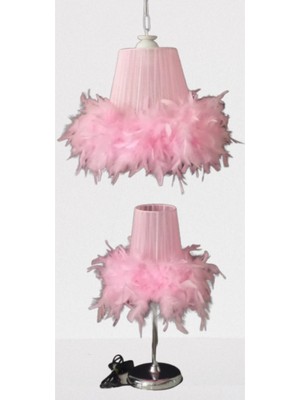 PremiumPort Çocuk Odası Pembe Tüylü Avize ve Abajur Seti, Şık ve Renkli Tasarım
