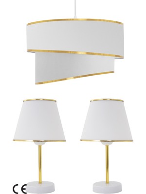 PremiumPort Şık Beyaz Gold Üçlü Abajur ve Avize Seti ile Evinize Zarafet Katın