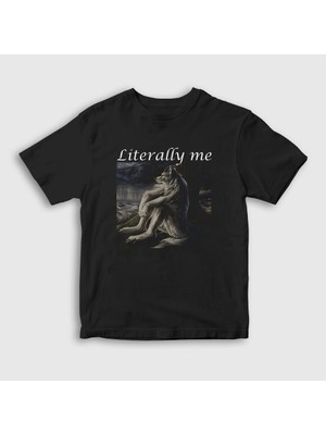 Presmono Unisex Çocuk Siyah Oturan Kurt Sitting Wolf Literally Me T-Shirt