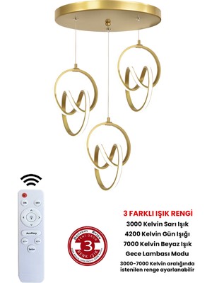 PremiumPort 3 Renk Kumandalı Gold Kasa Dimmerli LED Avize - Modern ve Şık Tasarım