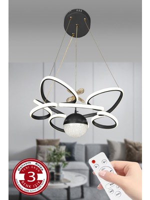 PremiumPort Modern 3 Renkli Kelebekli Saray LED Avize, Kumandalı, Siyah Kasa, Büyük Boy