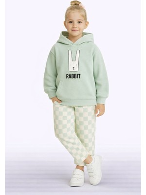 Çocuk Kapüşonlu Rabbit Desenli 3 Iplik Şardonlu Eşofman Takımı (5-8 Yaş) 10761 Yeşil