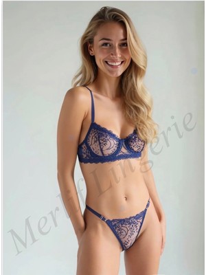 Merlif Lingerie Lacivert Dantelli Brode Fantazii Seksii Iç Çamaşır Takımı Bralette (Balenli Sütyen &tanga) Sevgililer Günü