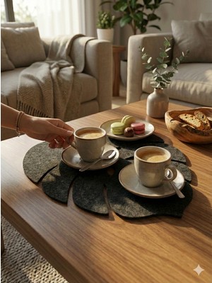 Rosfloa 2'li Yaprak Tasarımlı Keçe Kahve Yemek Sunumu Amerikan Servis & Supla