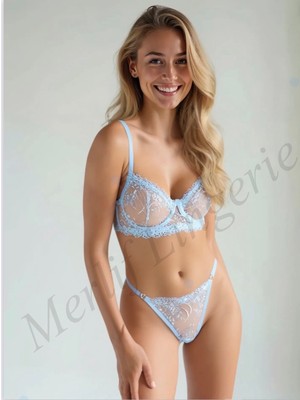 Merlif Lingerie Açık Bebe Mavi Dantelli Brode Iç Çamaşır Takımı Bralette (Balenli Sütyen &tanga) Sevgililer Günü