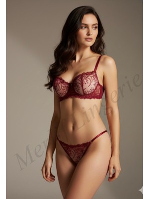 Merlif Lingerie Bordo Dantelli Brode Iç Çamaşır Takımı Bralette (Balenli Sütyen &tanga) Seksii, Fantazii, Sevgililer Günü
