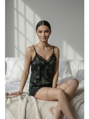 Bravie Kadın Pegasus Kumaş Kaktüs Desenli Fitilli Ip Askılı Şortlu Pijama Takımı