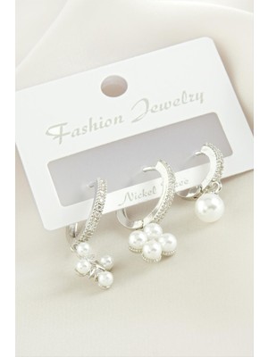 Nacario 3 Adet Çiçek Inci Zirkon Taşlı Küpe