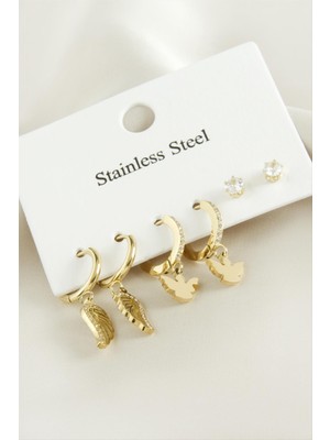 Nacario 6 Adet Kanat Zirkon Taşlı Lüks Çelik Küpe