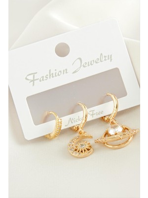 Nacario 3 Adet Hilal Yıldız Zirkon Taşlı Küpe