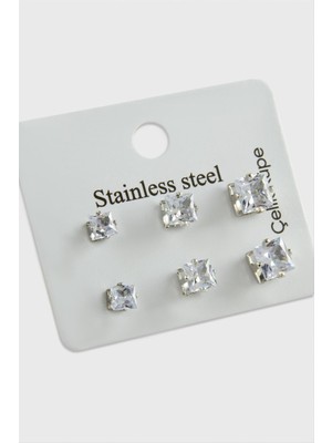 Nacario 6 Adet Kare Zirkon Tek Taşlı Çelik Küpe