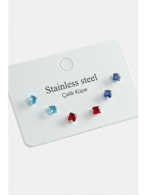 Nacario 6 Adet Kare Zirkon Tek Taşlı Çelik Küpe