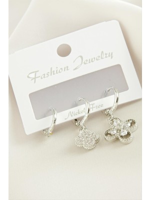 Nacario 3 Adet Çiçek Zirkon Taşlı Küpe