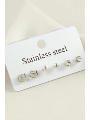 Nacario 6 Adet Kedi Taşlı Çelik Küpe