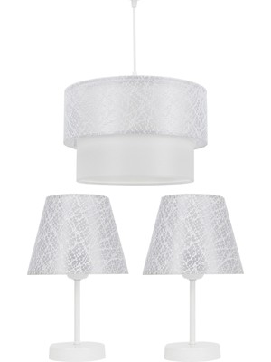 PremiumPort Beyaz Dantelli Üçlü Abajur Seti, Şık Yatak Odası Aydınlatması