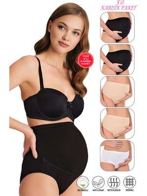 Özkan Underwear Özkan 23582 5'li Paket Kadın 2 Siyah 2 Ten 1 Beyaz Karışık Renk Pamuklu Likralı Süprem Hamile Lohusa Yüksek Bel Bato Külot