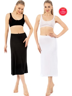 Özkan Underwear Özkan 26975 2'li Paket Kadın Viskon Kumaş Siyah Beyaz Diz Altı Uzun Etek Elbise Astarı Jüpon Kombinezon