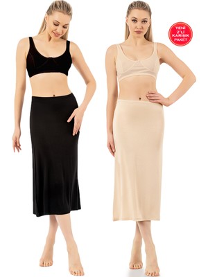 Özkan Underwear Özkan 26975 2'li Paket Kadın Viskon Kumaş Siyah Ten Diz Altı Uzun Etek Elbise Astarı Jüpon Kombinezon