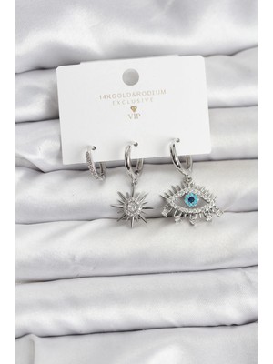 Nacario Bfs Göz Model Gümüş Renk Pirinç 3'lü Kadın Küpe Seti