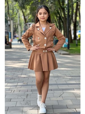 Riccotarz Kız Çocuk Gold Düğme Detaylı Kenarları Fırfırlı Penye Ceket Pliseli Kesim Kum Rengi Etekli Takım