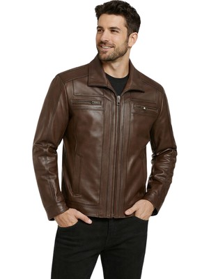 Derije Jack Hakiki Deri Erkek Kestane Karartma Ceket