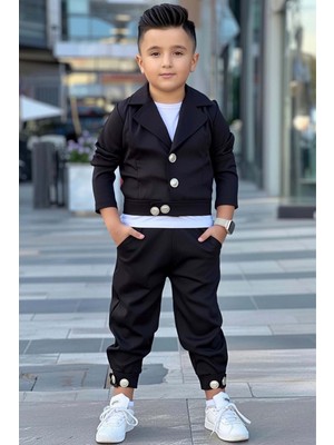Riccotarz Erkek Çocuk Gold Düğme Detaylı Penye Ceket Dar Kesim Pantolon Siyah Alt Üst Takım