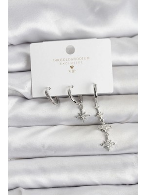 Nacario Bfs Kutup Yıldızı Model Gümüş Renk Pirinç 3'lü Kadın Küpe Seti