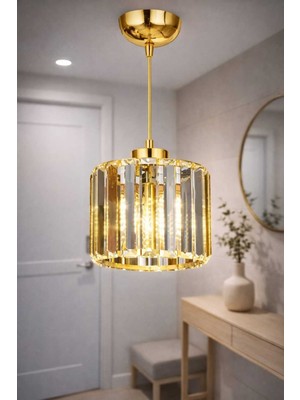 PremiumPort Modern Altın Kristal Sarkıt Avize, Koridor ve Antre Uyumlu, Şeffaf Cam