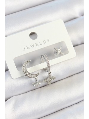 Nacario Bfs Pirinç Zirkon Taşlı Çiçek ve Ay Model Gümüş Renk 3'lü Çift Kadın Küpe Set