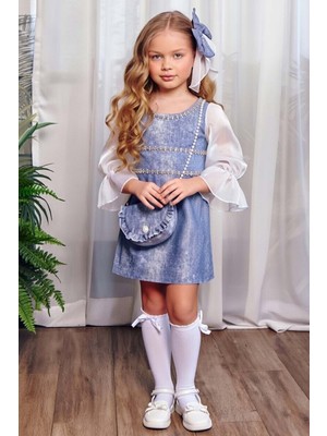 Riccotarz Kız Çocuk Üzeri Yatay Taş Şerit Işlemeli Kolları Tül Kumaş Detaylı Mavi Kot Elbise