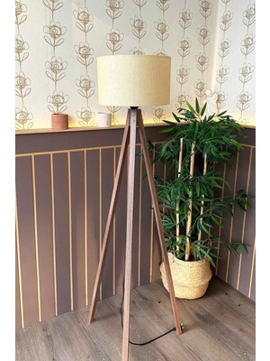 PremiumPort Hasır Dokulu Silindir Başlık Ahşap Üç Ayaklı Lambader Krem Kahve