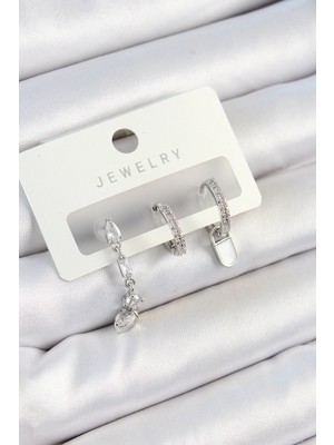 Nacario Bfs Pirinç Zirkon Taşlı Sallantılı Model Gümüş Renk 3'lü Çift Kadın Küpe Set