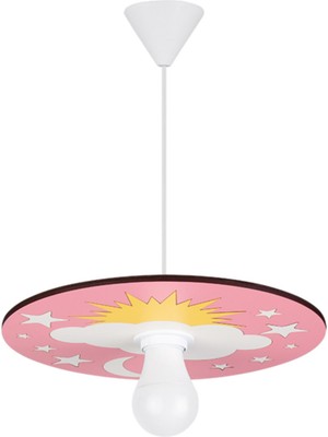 PremiumPort Doğal Ahşap Çocuk Odası Avize, Güneş, Bulut ve Yıldız Temalı, Pembe