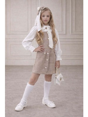 Riccotarz Kız Çocuk Göğsü ve Beli Fırfır Detaylı Boydan Düğmeli Kahverengi Şanel Elbise