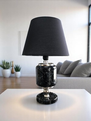 PremiumPort Şık Seramik Oval Siyah Mermer Abajur Aydınlatma Gümüş Feray Home