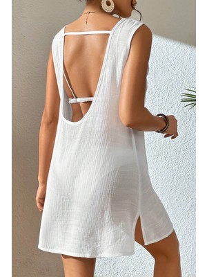 İlkyaz Fashion Kadın Beyaz Sırt Detaylı Yırtmaçlı Plaj Elbisesi Pareo RSIMD-ILKYZ34