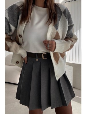 Gri Kemerli Şort Etek