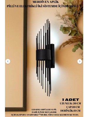 PremiumPort Şık Siyah Merdiven ve Duvar Aplikleri, LED Ampullü, Pilli, Tekli Takım