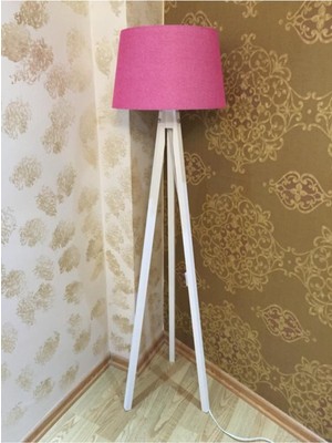 PremiumPort Şık 3 Ayaklı Ahşap Lambader, Konik Kumaş Başlık, Tripod Abajur, Fuşya Beyaz