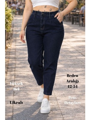 Cedy Denim Cedy Kadın Büyük Beden Pileli Mom Jean Pantolon C600 Yüksek Bel Likralı Günlük Stil