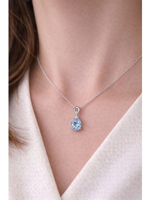 Gümüş Deniz Mavisi Zirkon Taşlı Damla Bayan Kolye
