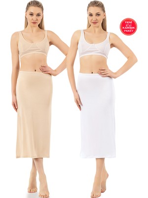 Özkan Underwear Özkan 26975 2'li Paket Kadın Viskon Kumaş Beyaz Ten Diz Altı Uzun Etek Elbise Astarı Jüpon Kombinezon