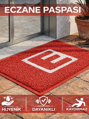 Beylini Eczane Önü Paspası E Logo Giriş Işyeri Eczane Mağaza Girişi Kapı Önü Kıvırcık Hijyen Halısı 60X80 cm Kırmızı