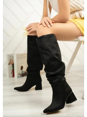 Cash Dukkan SYT-2002 Siyah Süet Körüklü Kalın Topuklu Günlük Bayan Çizme