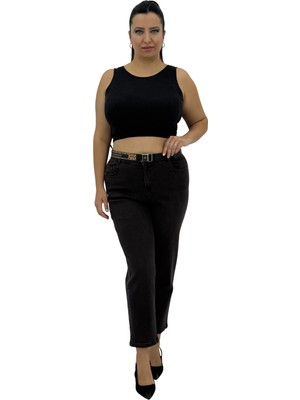 Carmito Büyük Beden Denim Mom Kemerli Yüksek Bel Taş Detaylı Kadın Pantolon