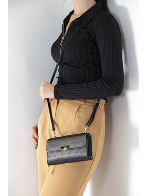 Silver & Polo Platin - Siyah SP921 Kadın Askılı Cüzdanlı Telefon Çantası