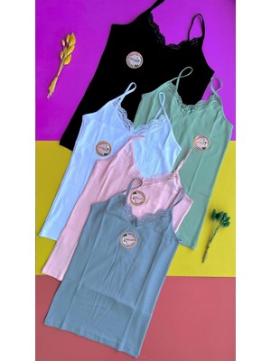 Kota Kadın Atlet Dantelli | 5'li Ip Askılı Pamuklu, Likralı Fitilli Kadın Atlet-Bluz Seti ( Çoklu Renk