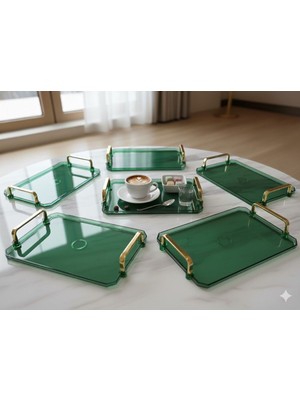 Şura Mutfak 6 Adet Gold Kulplu Türk Kahvesi Sunum Tepsisi | 6' Lı Şık Set 25X17CM Zümrüt Yeşili