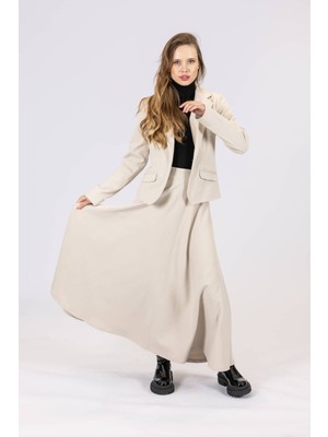 By Özlem Yazan Astarsız Örme Blazer Ceket & Volan Detaylı Kloş Uzun Etek Kadın Ikili Takım